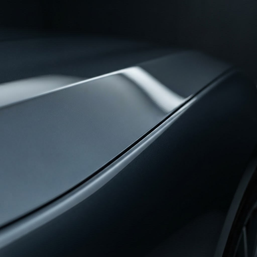 Illustrative concept image: a single controlled reflection sweeping across a polished dark car body panel