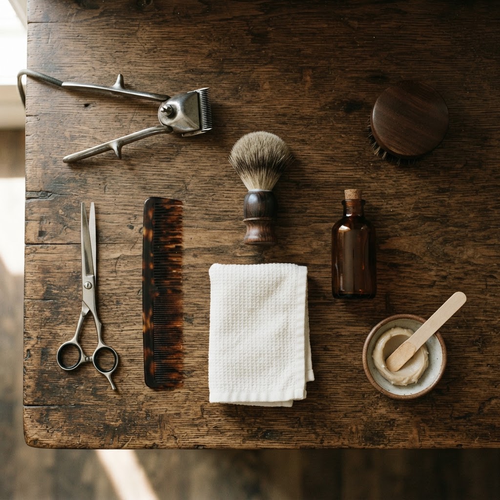 Illustrative image of barber tools laid out on a dark counter: clippers, combs and scissors