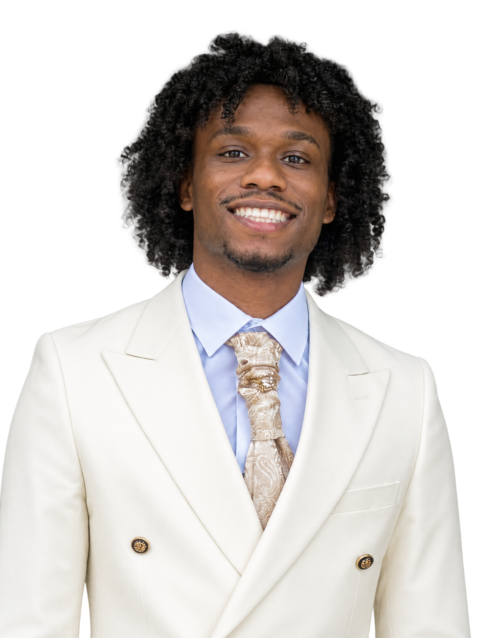 Isaiah Peters, founder of North Star Digital, smiling in a white double-breasted jacket