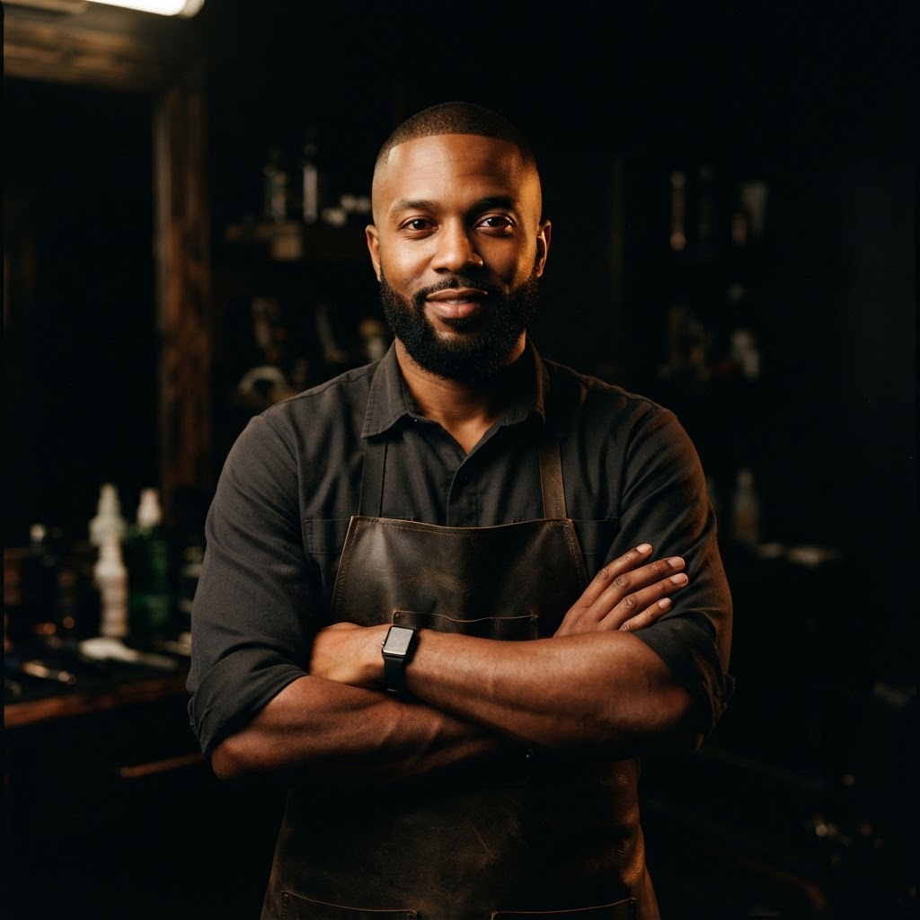 Illustrative portrait of Marcus, a fictional barber at the sample shop