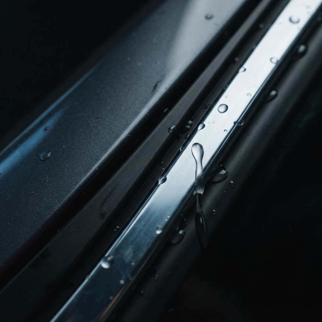 Illustrative concept image: chrome and matte black trim edge meeting a rubber seal, with water beading away