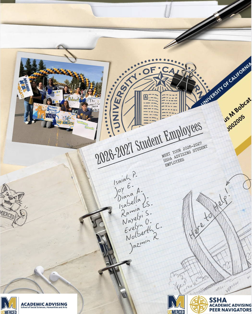 Flat-lay introduction graphic for UC Merced SSHA Academic Advising, showing the student employee roster on lined paper with a team photo, a campus sketch and the advising logos
