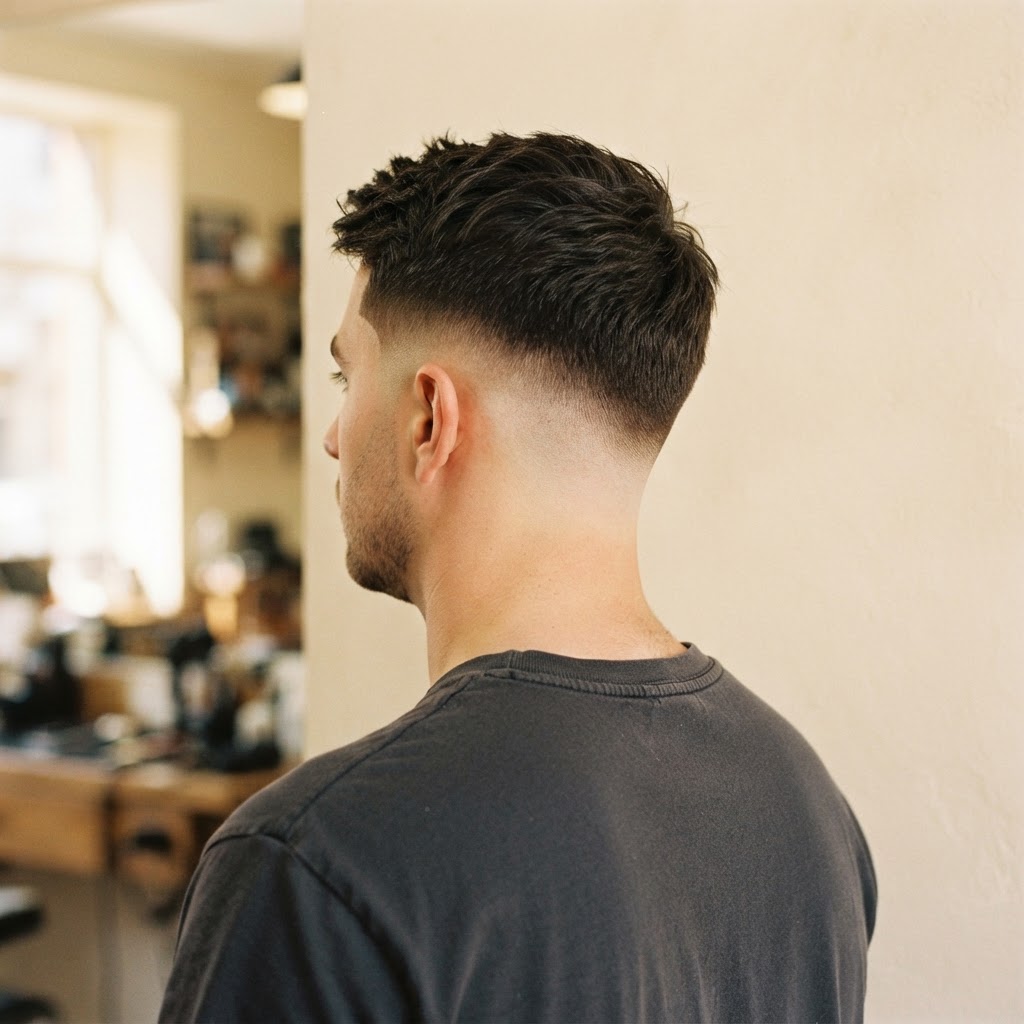 Illustrative image of a finished cut being styled in the mirror
