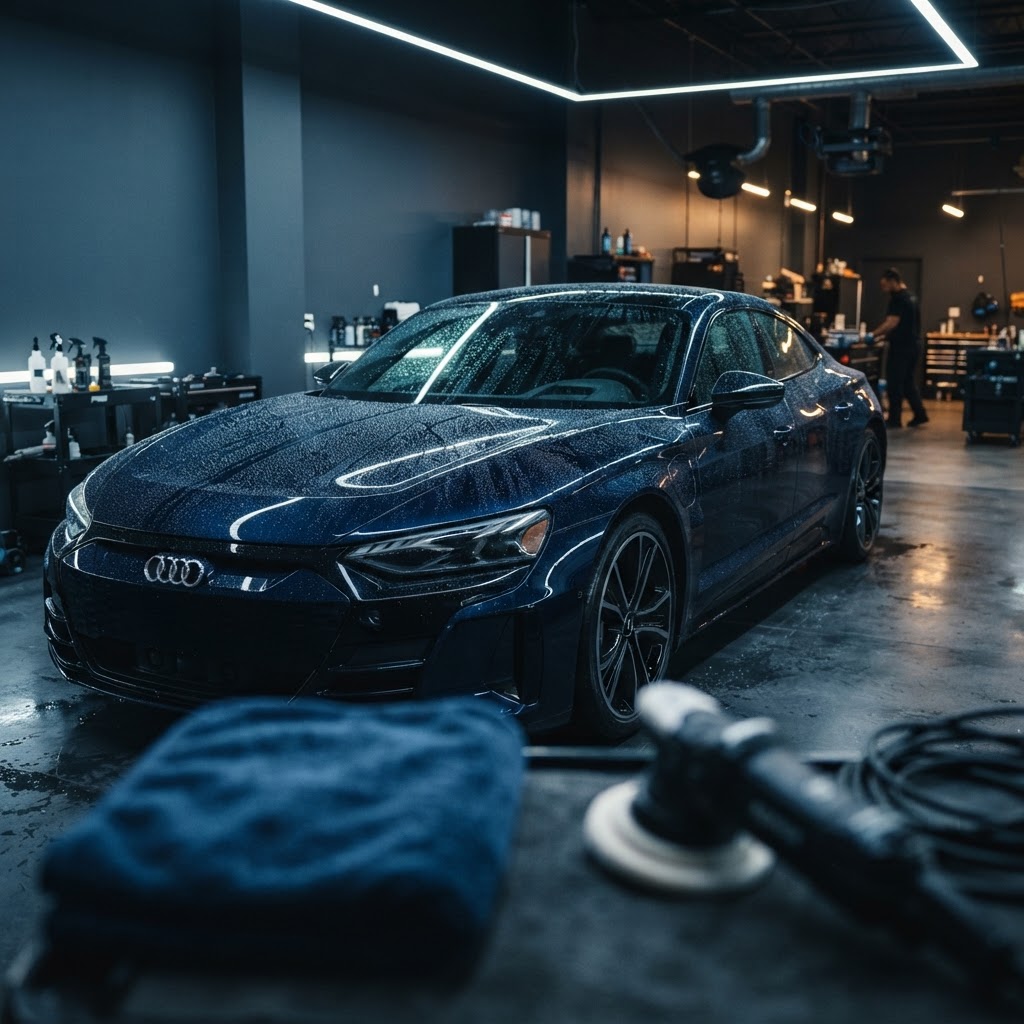 Glossy navy car being polished in a professional detailing bay