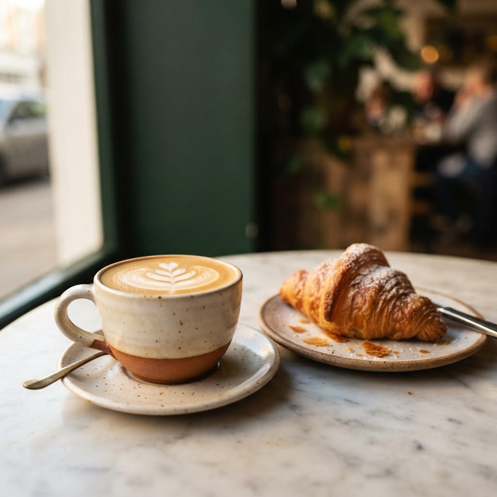 Sample flat white in a stoneware cup beside a croissant on a marble table