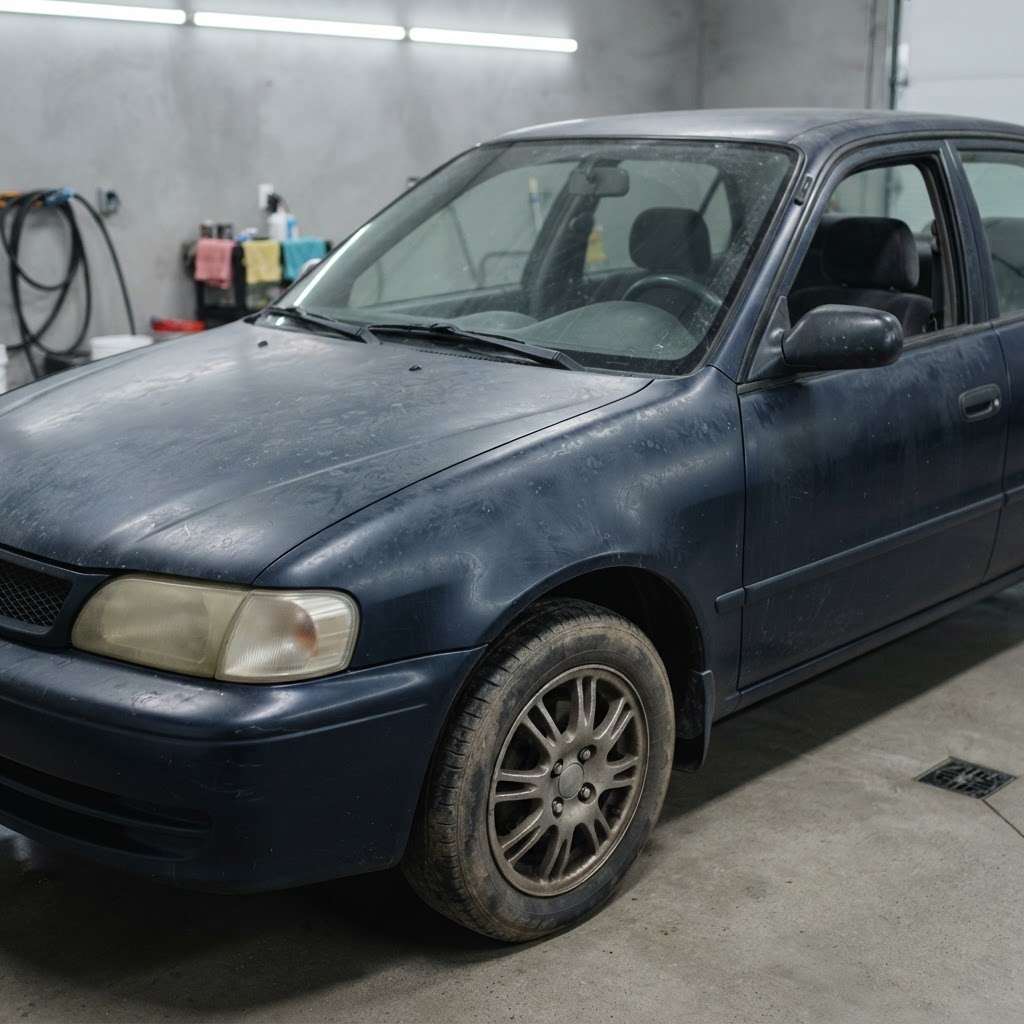 Sample car before correction, with dull hazy paint, water spots and swirl marks