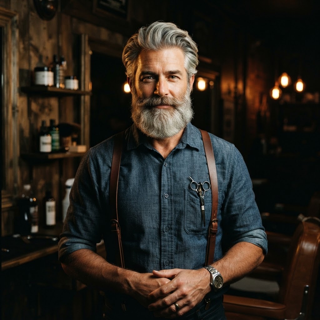 Illustrative portrait of Eli, a fictional barber at the sample shop
