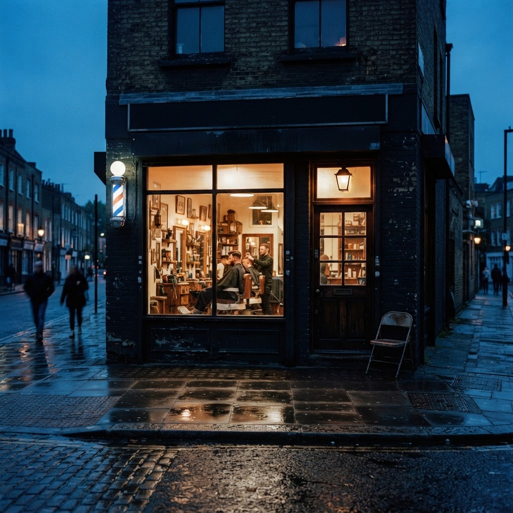 Illustrative image of a fictional corner barbershop lit up in the evening