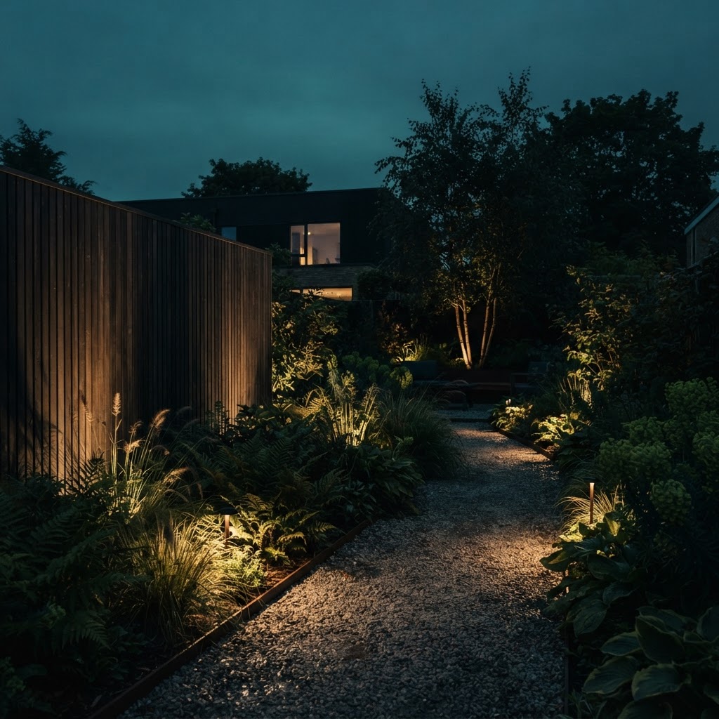 Illustrative concept image: a designed garden at dusk lit by small warm garden uplights