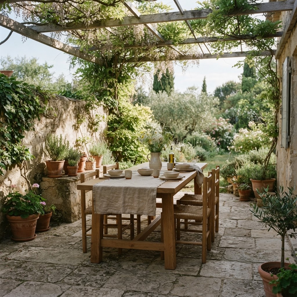Illustrative concept image: a dining table on a stone terrace beneath a timber pergola
