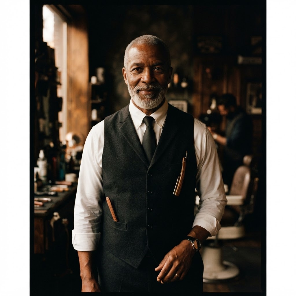 Illustrative portrait of Andre, a fictional barber at the sample shop