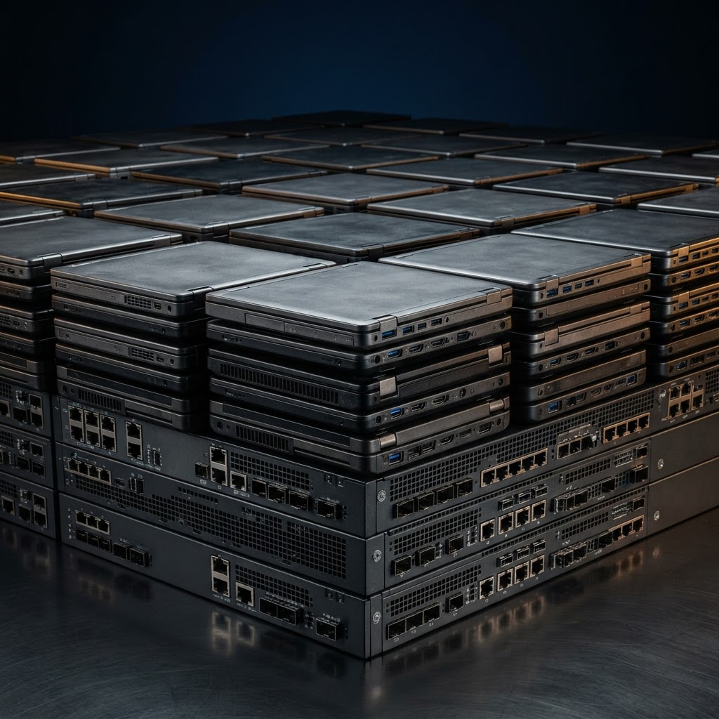 Enterprise laptops and switches stacked in a reclamation grid