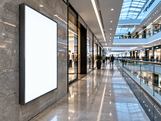 Mueble publicitario iluminado en un pasillo comercial