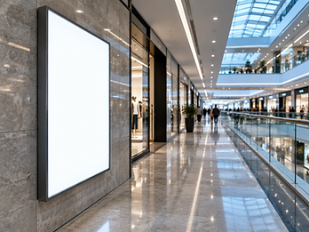 Mueble publicitario iluminado en un pasillo comercial