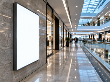 Mueble publicitario iluminado en un pasillo comercial