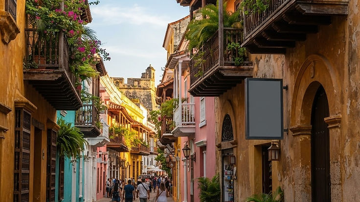 Calle colonial con fachadas de colores y panel publicitario