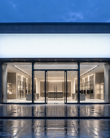 Fachada comercial con panel publicitario iluminado