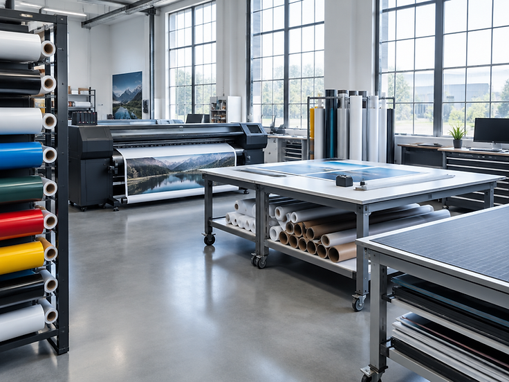 Taller de producción gráfica con impresora de gran formato y rollos de vinilo