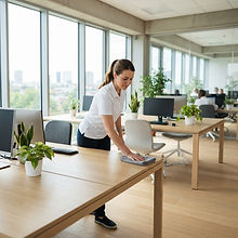 Préposé au ménage essuyant les bureaux d’un bureau moderne et lumineux