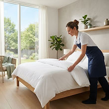 Préposé au ménage faisant un lit avec des draps propres entre deux séjours Airbnb