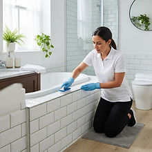 Préposé au ménage nettoyant en détail le meuble-lavabo et le pourtour du bain