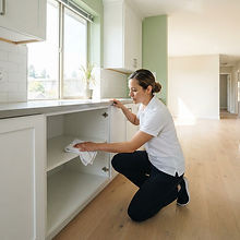 Préposé au ménage nettoyant l’intérieur d’une armoire de cuisine vide le jour du déménagement