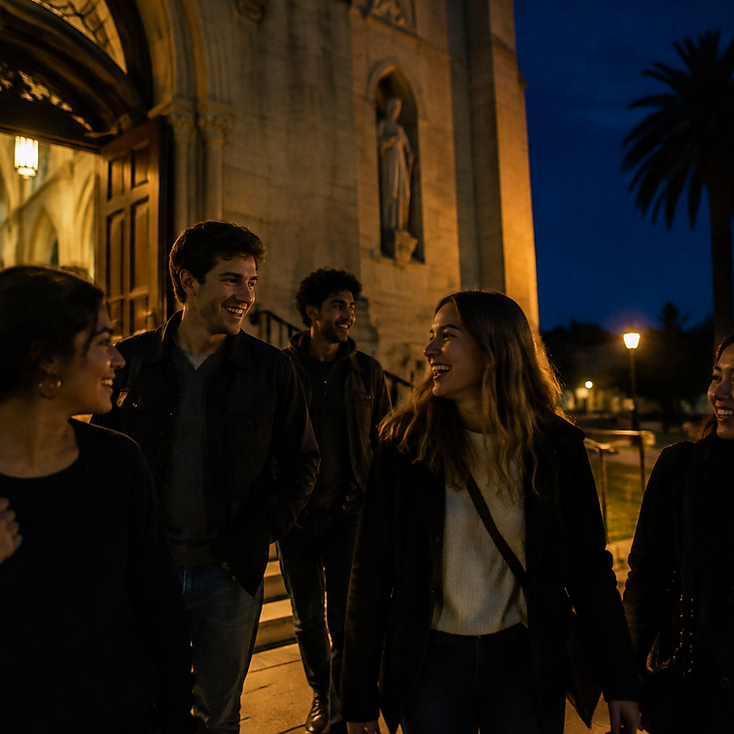 A group of West LA Catholics talking and laughing outside a church after a tour