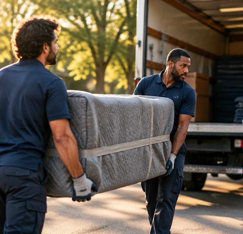Illustrative photo of a moving crew loading a wrapped sofa into a moving truck
