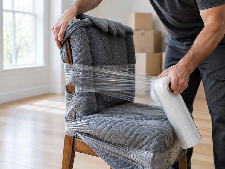Illustrative photo of a mover wrapping a wooden chair in a protective moving blanket