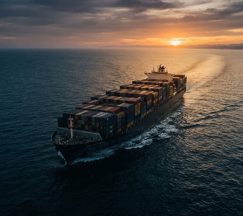 Container ship at dusk crossing the Pacific