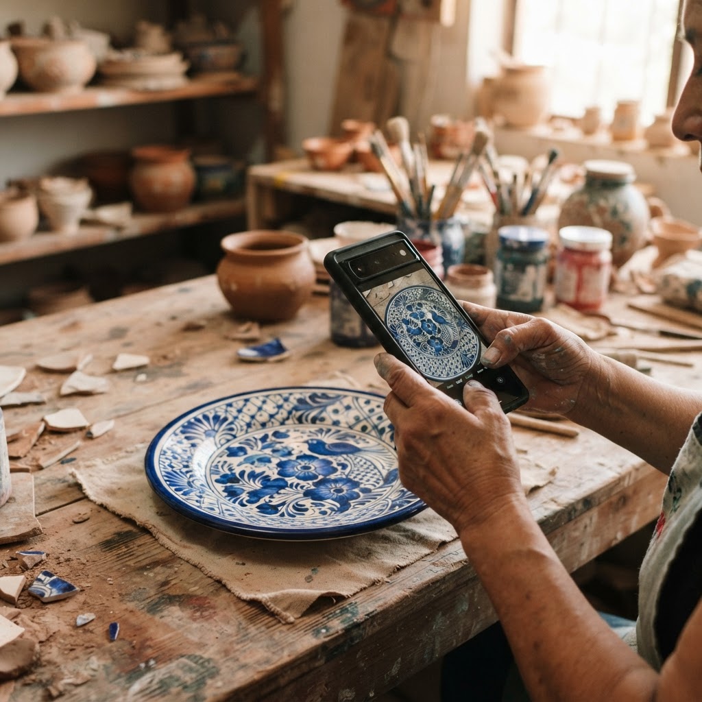 Artesano poblano fotografiando un plato de talavera con su teléfono