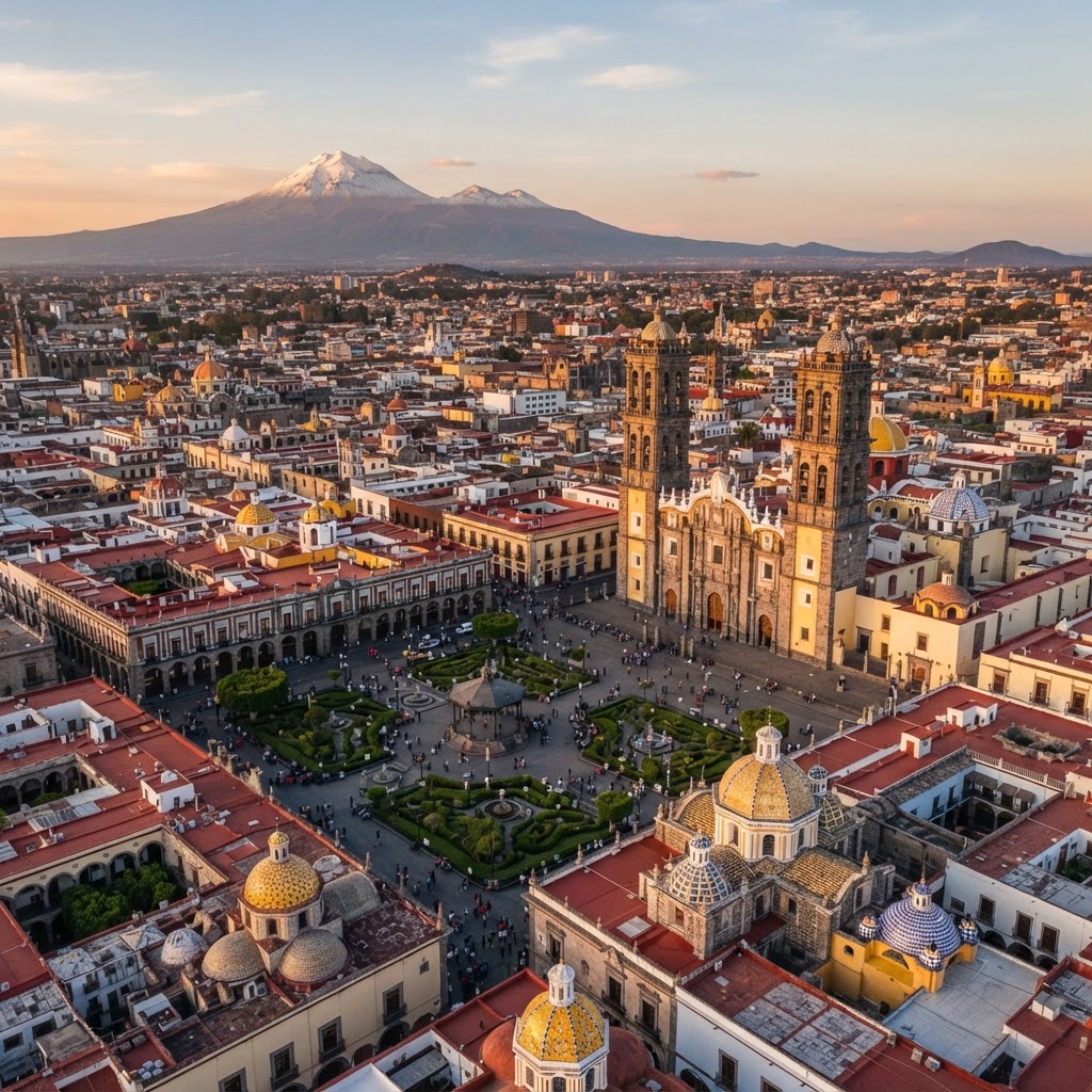 Vista aérea del Centro Histórico de Puebla con su Catedral al atardecer
