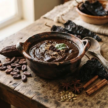 Mole poblano artesanal en olla de barro
