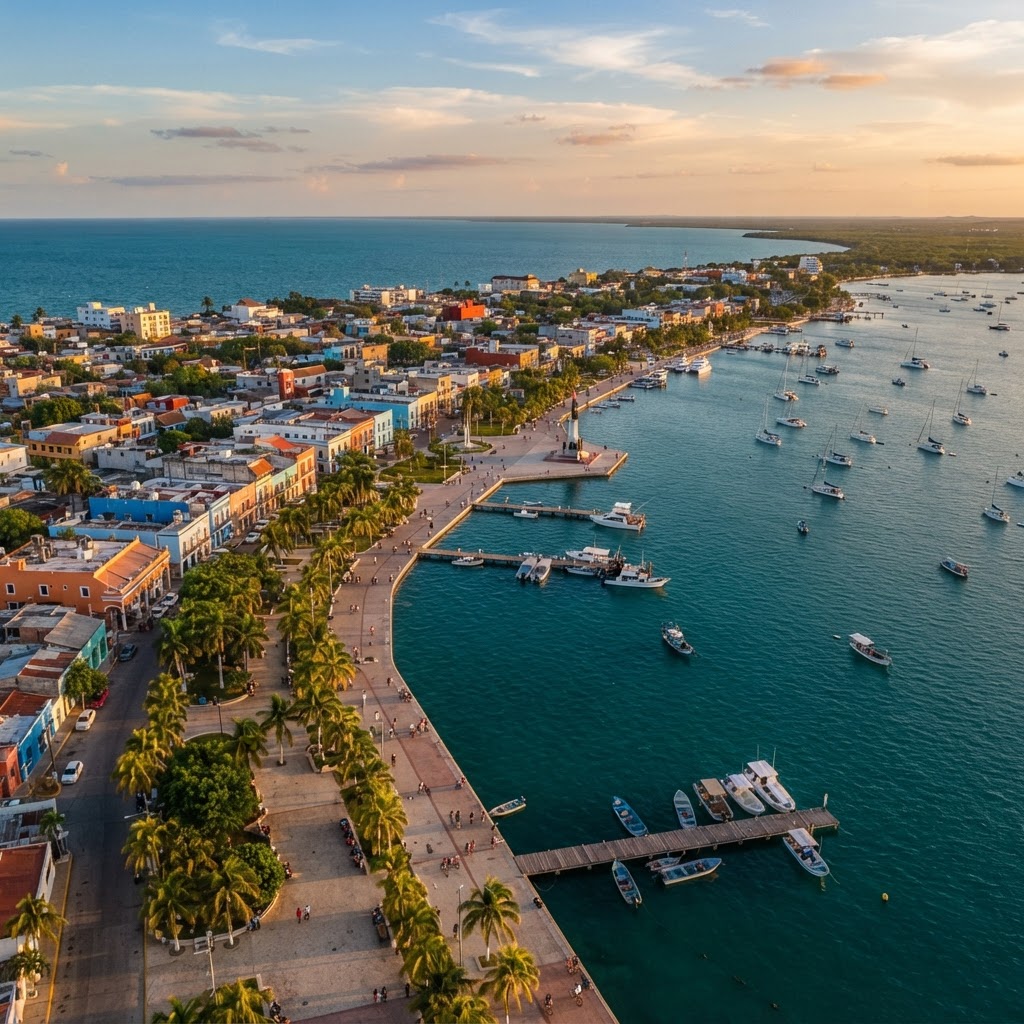 Vista aérea de la Bahía de Chetumal y el malecón al atardecer