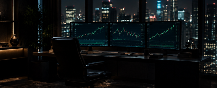 A dark, minimal trading workstation with charts on screen