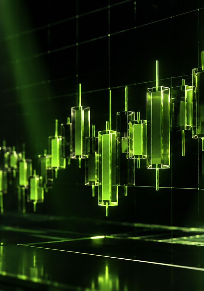 Abstract glass candlestick chart sculpture in a dark trading environment