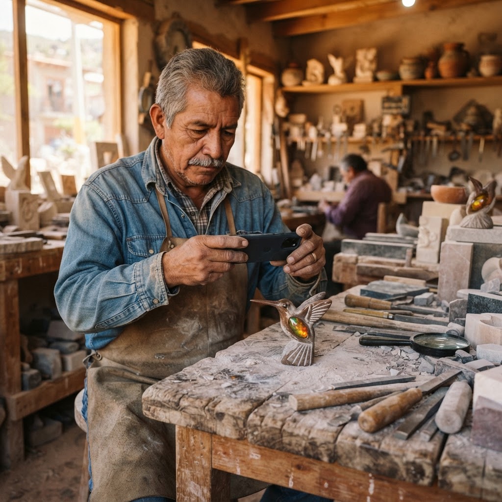 Artesano queretano fotografiando una pieza de cantera y un ópalo con su teléfono