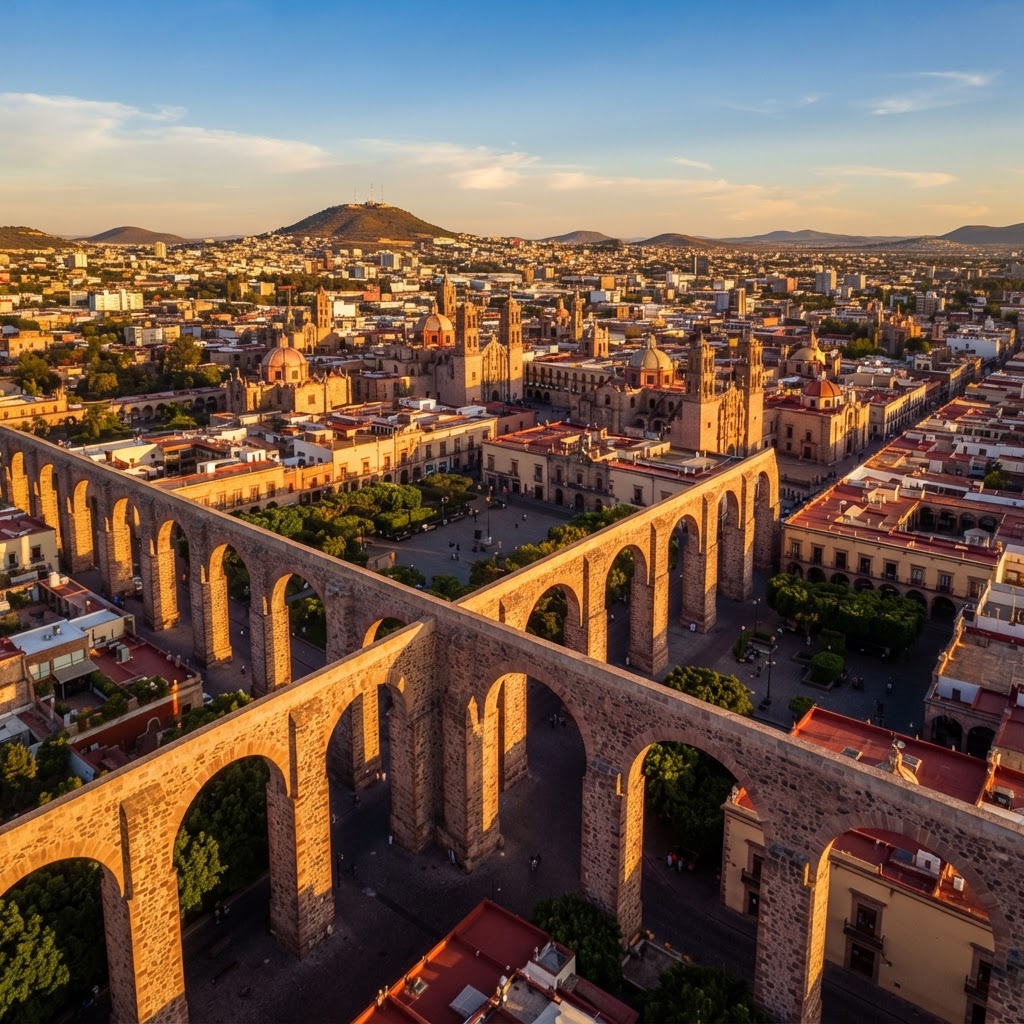 Vista del acueducto y el Centro Histórico de Santiago de Querétaro al atardecer, con la Peña de Bernal al fondo