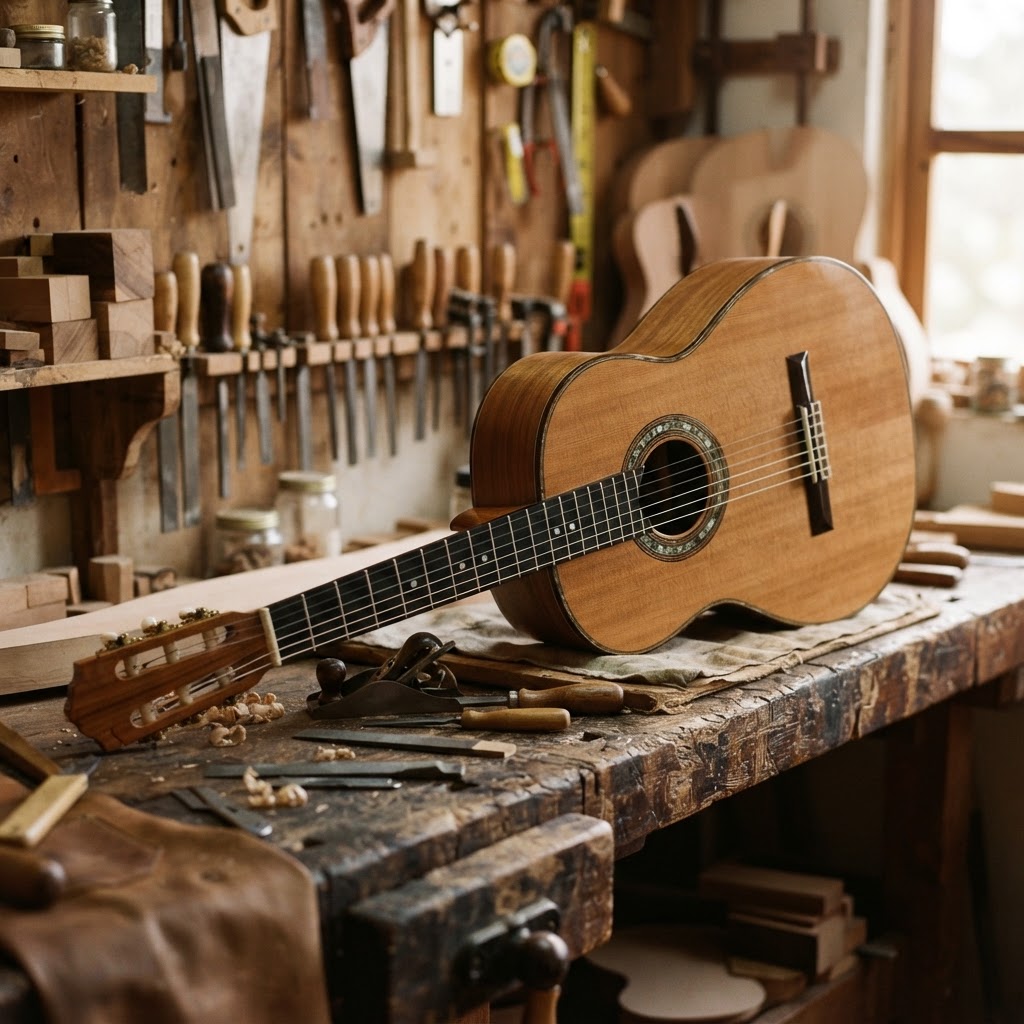 Luthier de Paracho fotografiando su guitarra para publicarla con inteligencia artificial
