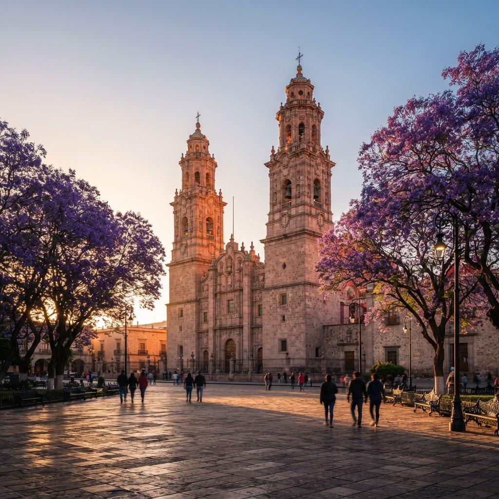 Catedral de Morelia entre jacarandas al atardecer