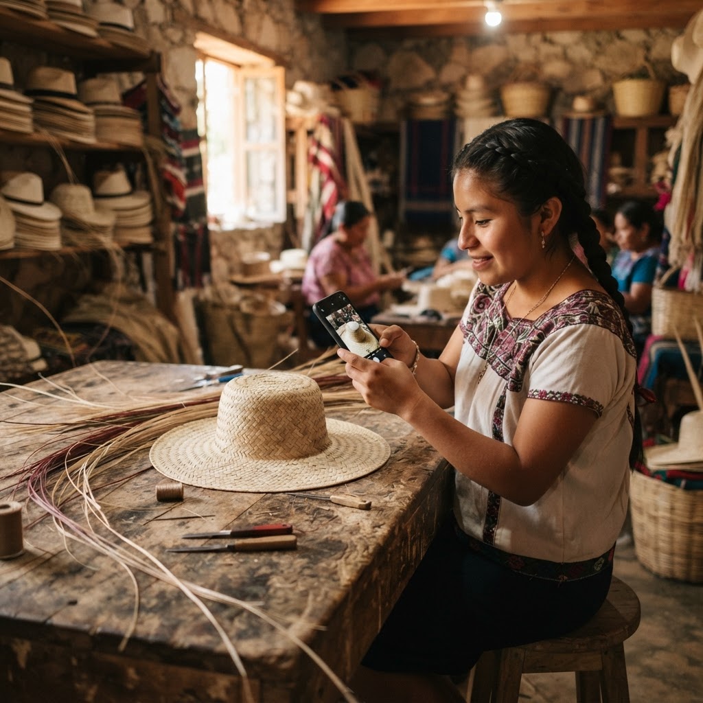 Artesana campechana fotografiando un sombrero de jipi-japa con su teléfono
