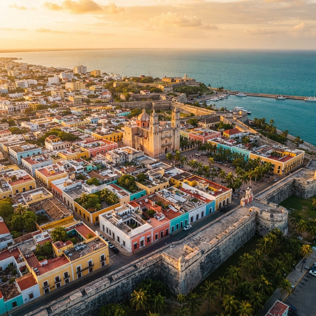 Vista aérea del Centro Histórico de San Francisco de Campeche: fachadas en tonos pastel, la catedral, la muralla y el Golfo de México