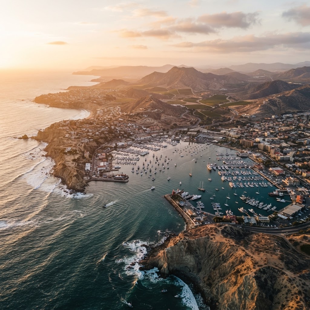 Vista aérea de la bahía y el puerto de Ensenada, Baja California, al atardecer