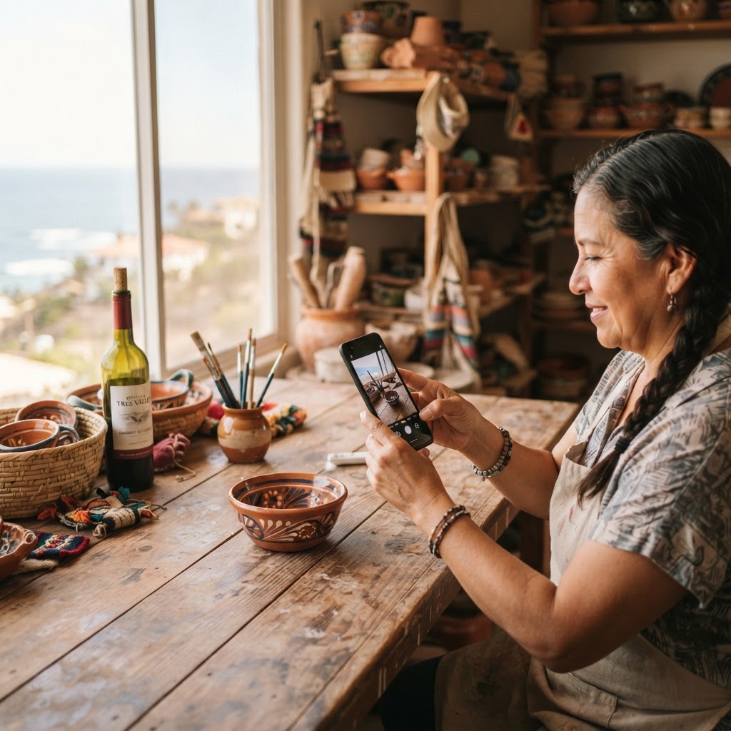 Artesano de Baja California fotografiando una pieza de alfarería con su teléfono