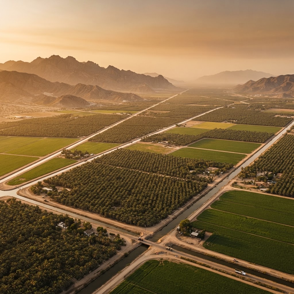 El valle de Mexicali, Baja California: palmares de dátiles, campos de cultivo y el desierto al atardecer