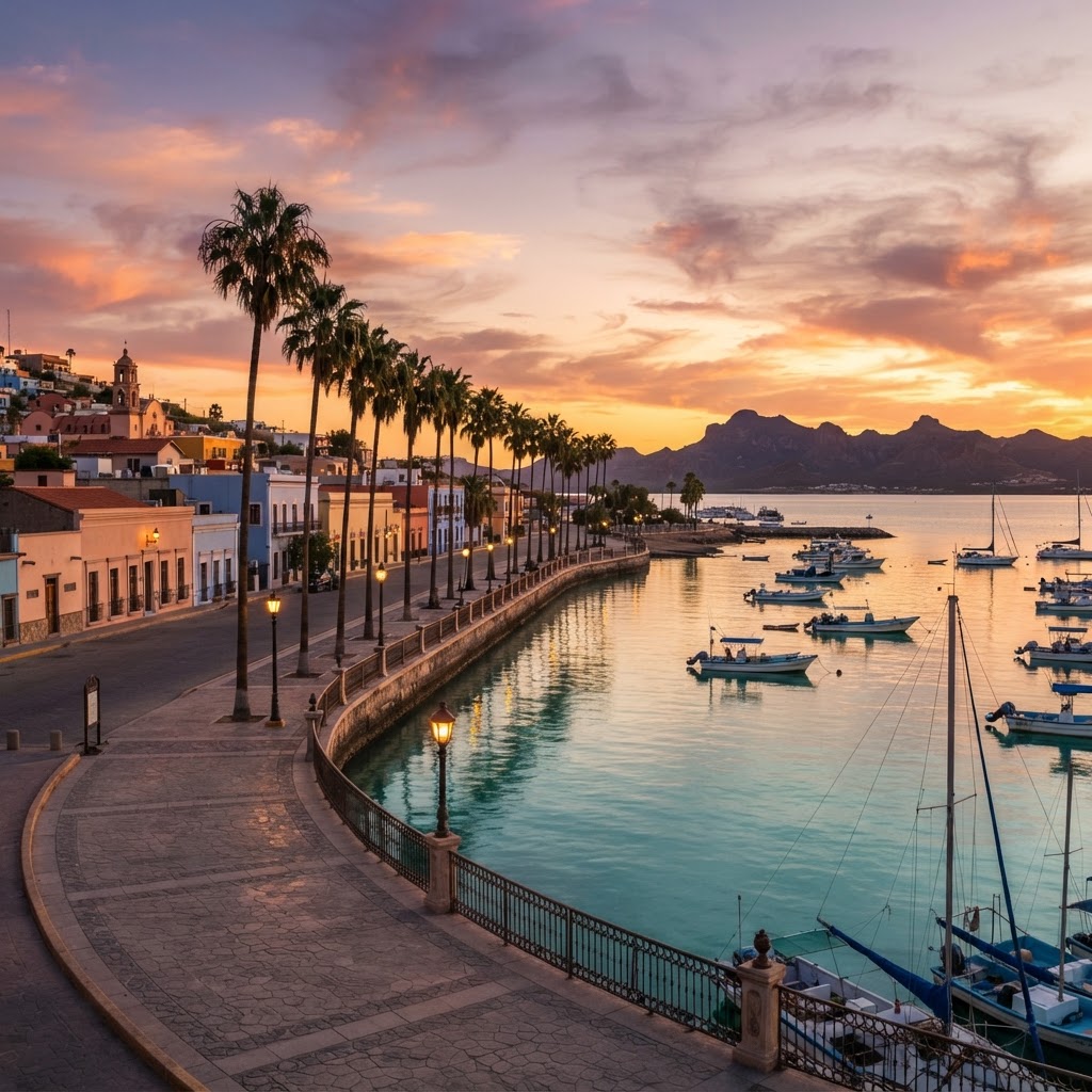 El malecón de La Paz al atardecer