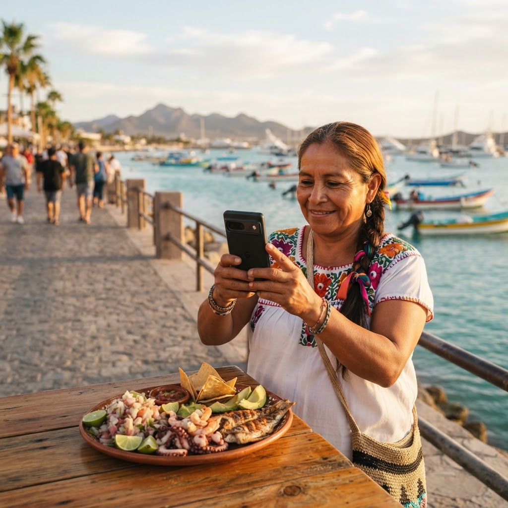 Comerciante de La Paz fotografiando una charola de mariscos frescos con su teléfono en el malecón