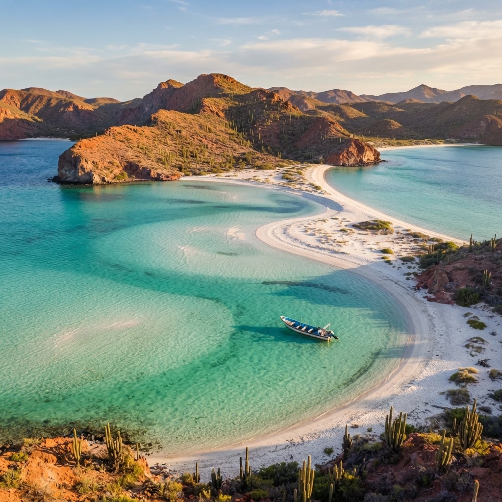 Vista aérea de la bahía de Balandra en La Paz, Baja California Sur, con agua turquesa y cerros del desierto