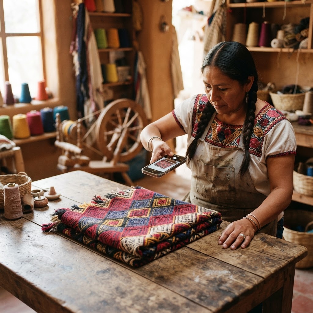 Artesano de Saltillo fotografiando su sarape para publicarlo con inteligencia artificial
