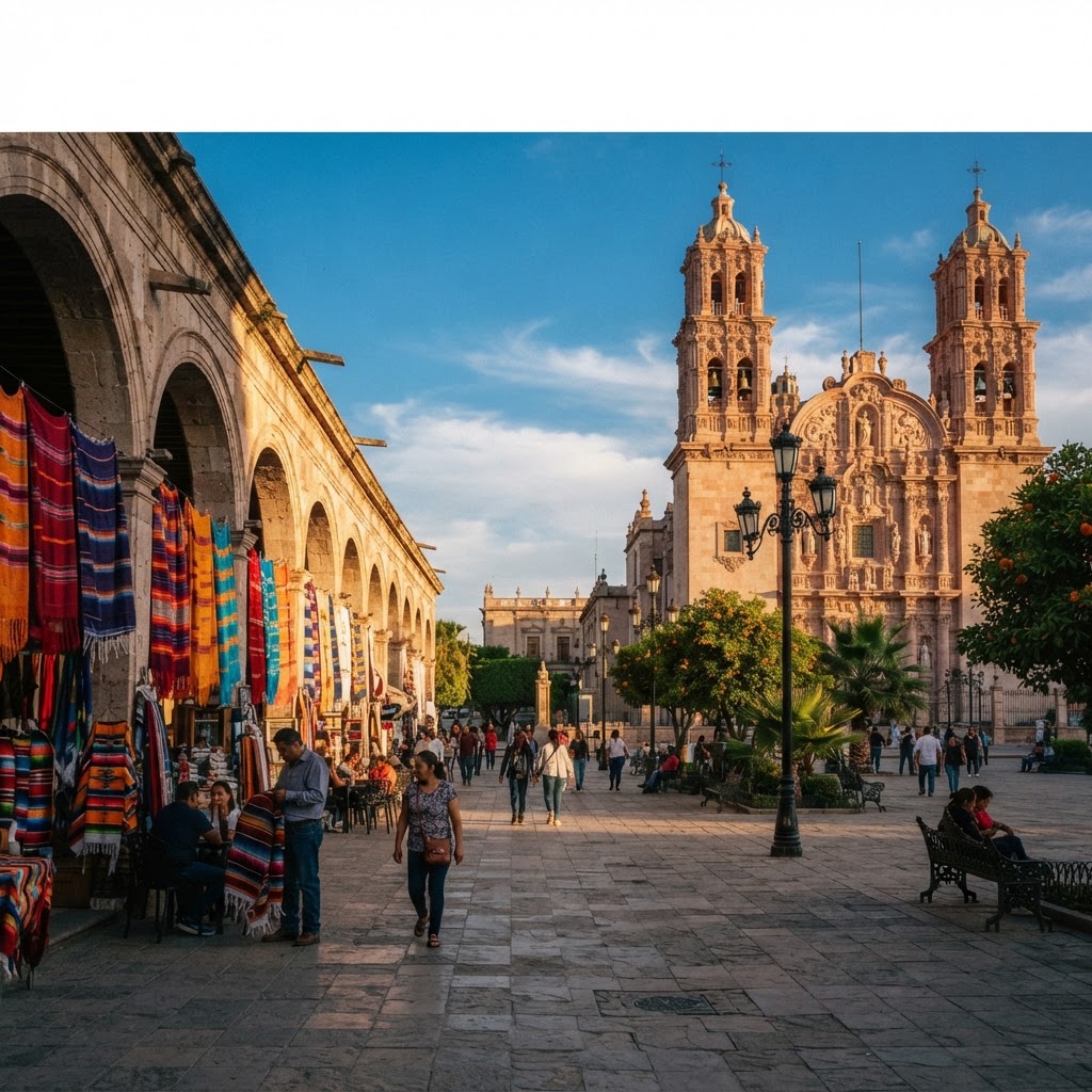 Plaza de Armas y Catedral de Santiago de Saltillo con sarapes bajo los arcos al atardecer